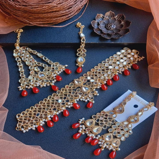 Gold-Plated Kundan Polki Zarqun Designer Choker Bridal Set