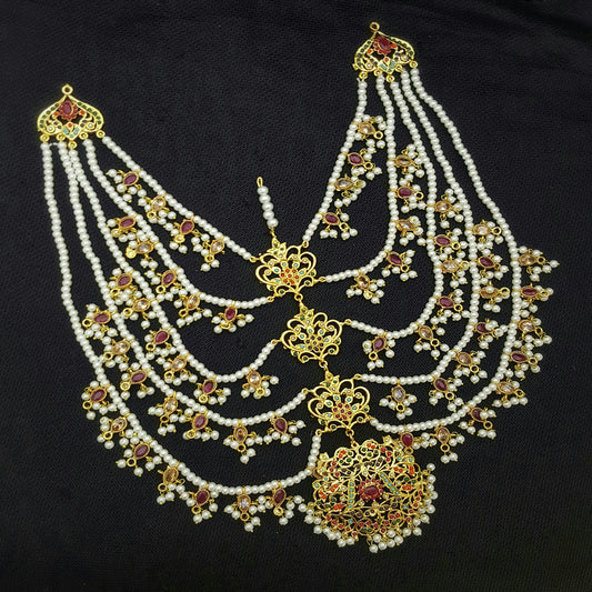 Gold-Plated Designer Noratan Zircon Pearl Full Head Matha Patti