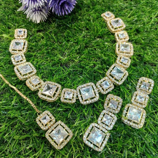 Gold Plated Catlock Design Choker & Round Neck Flexible Designer Zircon Set