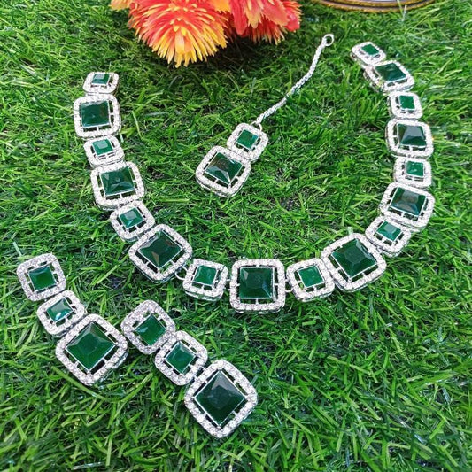 Silver Chandi Plated Polish Catlock Design Choker & Round Neck Flexible Designer Zircon Set