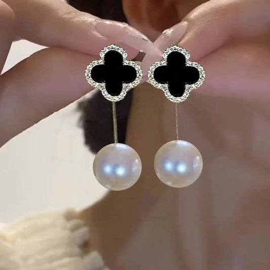 Black Flower Stone Pearl Tassel Earrings 🖤